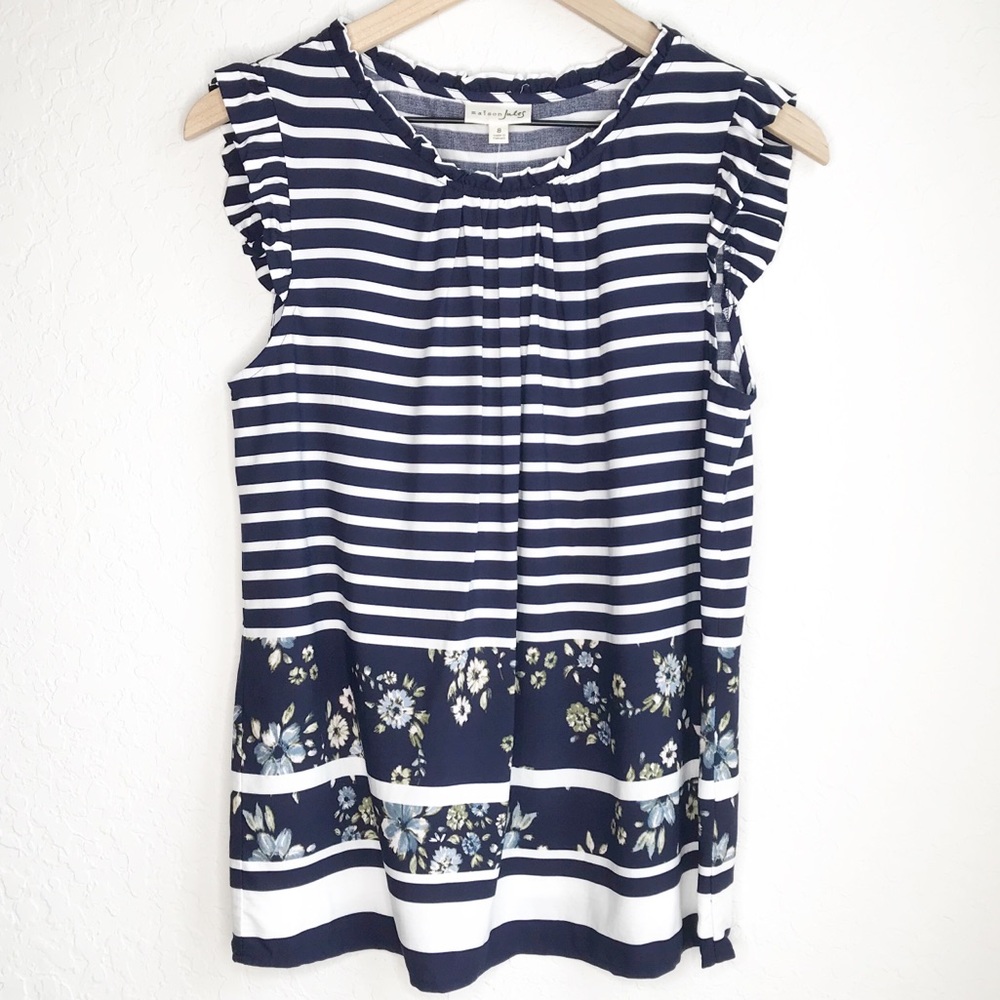 Maison Jules Striped Floral Ruffled Sleeve, Sz S